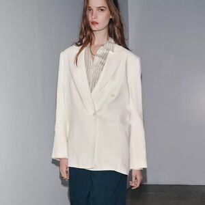 Zara Cream Double-Breasted Linen Blazer